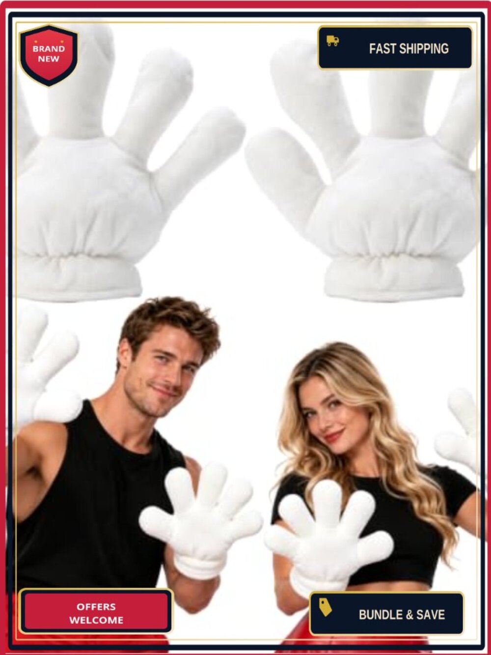 Jumbo Oversized Cartoon Plush Costume Gloves Clown Mime Halloween Prop